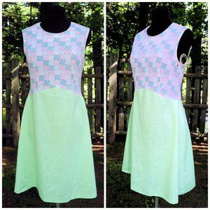VTG Mint Green & Pink Patchwork Print Poly Dress